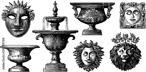 Decorative masks and urns surrounding tiered sculpted fountain