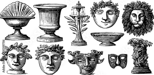 Classical mask faces and decorative urns arranged on paper