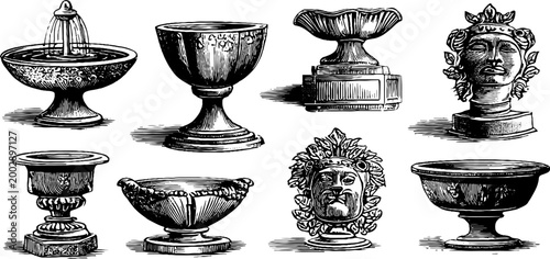 Decorative classical urns and sculpted heads on plain background