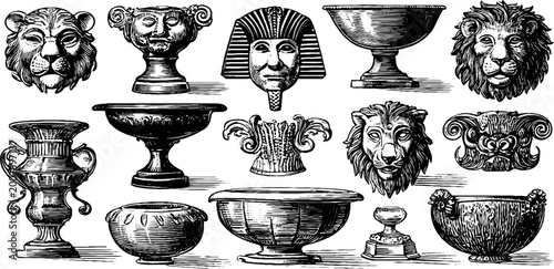 Collection of classical urns lion heads and ancient motifs on white