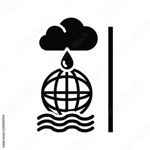 global warming icon depicting a cloud raining on earth with rising water levels black silhouette high quality professional detailed modern
