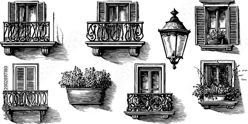 Ornate balcony railings with window shutters on white background