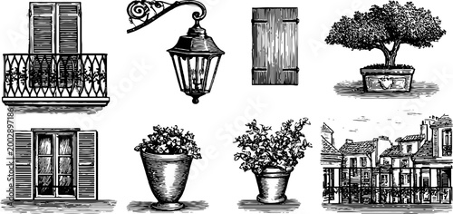 Window shutters, planters and street lamp sketches on white background
