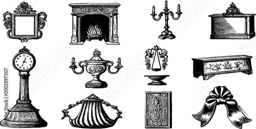 Collection of vintage mantel clocks displayed on white background