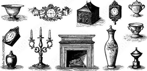 Antique decorative objects displayed on white background