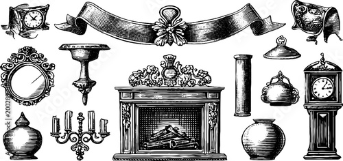 Vintage decorative objects displayed against white background