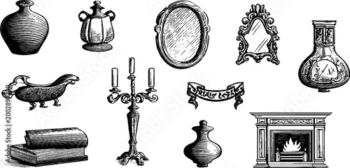 Assorted vintage decorative vessels and fireplace elements on white