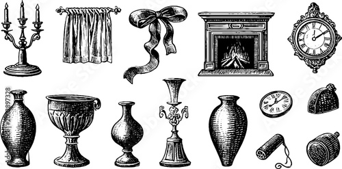 Vintage vessels and fireplace pieces shown on white background