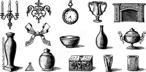 Assorted antique household objects arranged on white background