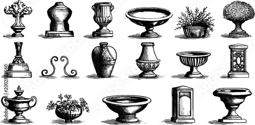 Decorative urns pedestals and planters illustrated in ink