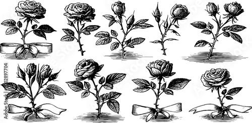 Multiple small rose sketches displayed on white paper background