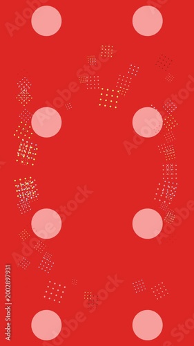 Pattern of soft pink circles and delicate grid squares creates a rhythmic texture on a bold red field.