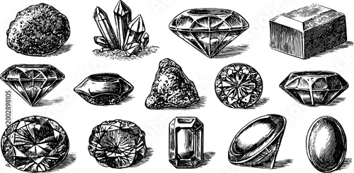 Collection of raw nuggets and polished diamonds on white field