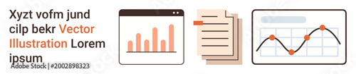 Data analysis, business growth, reporting, financial trends, productivity tools, information management. Bar chart, document stack and line graph are . Data analysis and business growth