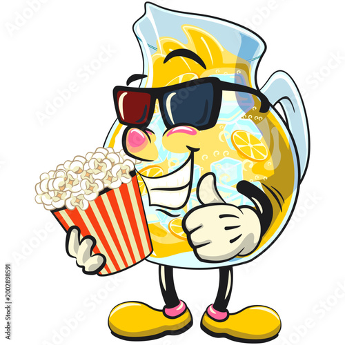 cute orange juice pitcher mascot with ice cubes and citrus slices with a bucket of popcorn with wearing 3d glasses, funny cartoon beverage character vector illustration isolated, work of hand drawn