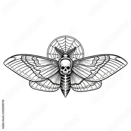 Gothic Death Moth Skull Spiderweb Moon Tattoo Design