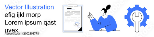 Business management, workflow optimization, legal agreements, teamwork, consulting, technical tools. A signed document, professional consultant gear icon in minimalist blue style. Legal agreements