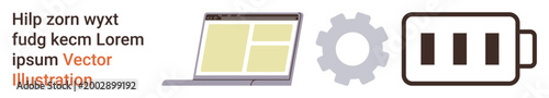 Technology, system settings, energy efficiency, battery management, business tools, workflows. Laptop, gear and battery icons in flat design. Technology and system settings concept