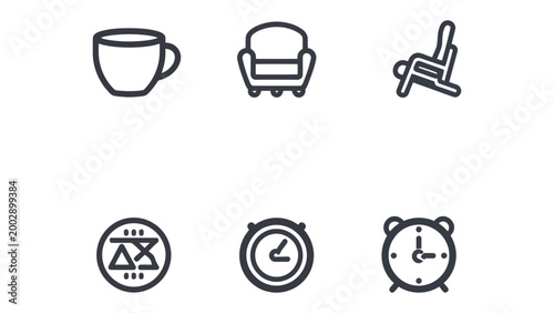 Cozy Comfort Symbols: A collection of simple line drawings representing relaxation and comfort. Including a coffee cup, armchair, folding chair, timer, classic watch, and alarm clock. 