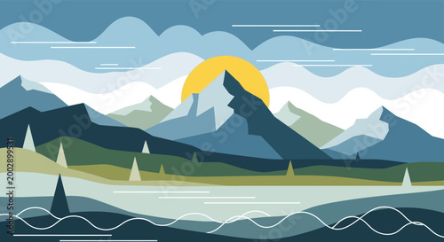 Minimalist Flat Vector Landscape with Mountains and Sun