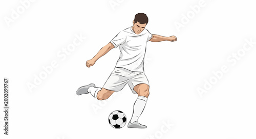 A soccer player is kicking a soccer ball