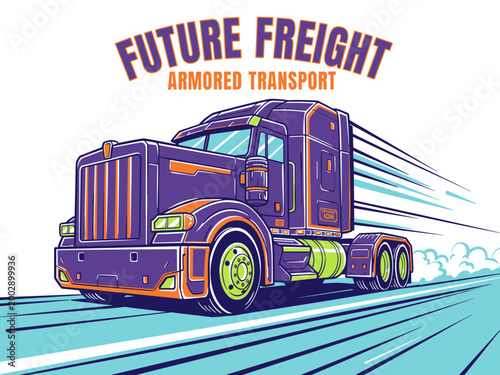 Future freight armored transport artwork. Semi truck graphic print for t shirt. Speed racing poster design. Road speed graphic. Fast wheels design.