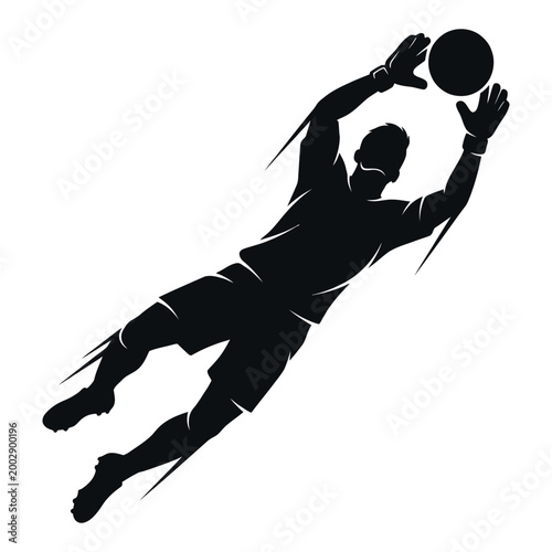 Soccer goalkeeper silhouette jumping to catch ball with motion lines. High-flying professional football goalie making a spectacular save isolated on white.