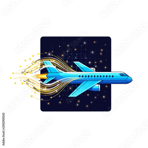 A blue jetliner travels through a digital starry night sky