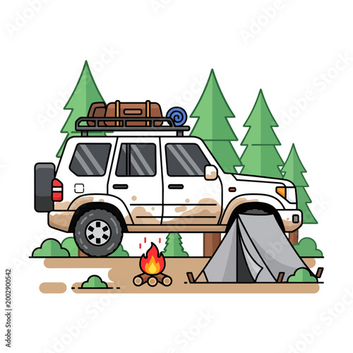 Off-road vehicle camping scene with campfire and tent in forest