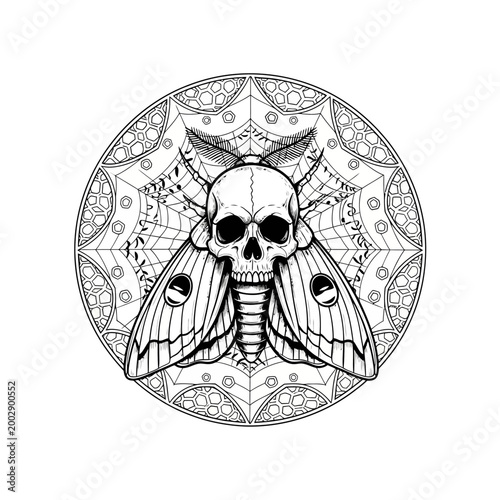 Gothic Skull Moth Mandala Tattoo Design, Dark Art, Occult Symbol, Entomology Illustration