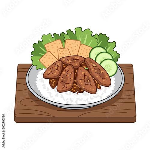 A delicious meal with rice, fried food and fresh vegetables