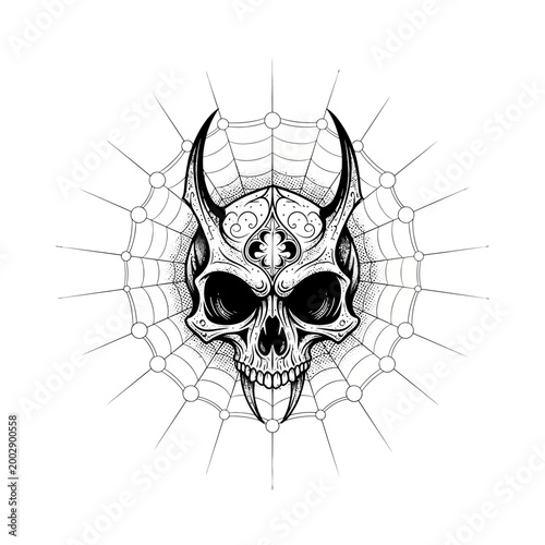 Gothic Skull with Horns and Spiderweb - Dark Fantasy Art