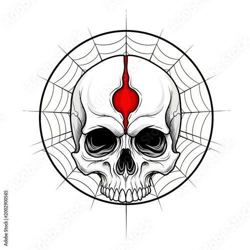 Gothic Skull with Red Third Eye and Spiderweb Circle - Dark Art Tattoo Design