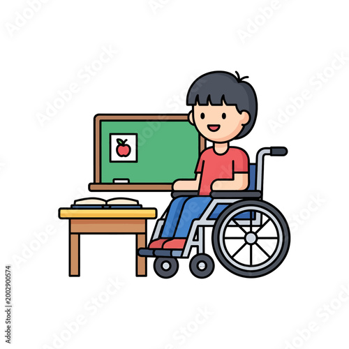 Child in wheelchair at desk with open book and blackboard
