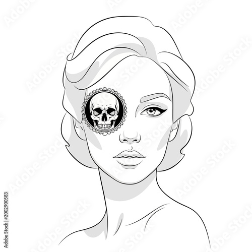 Gothic Woman Portrait with Skull Cameo Eyepatch, Mysterious Beauty, Dark Romance