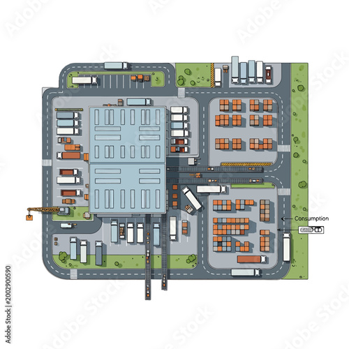 Aerial view of a logistics center with trucks and cargo containers
