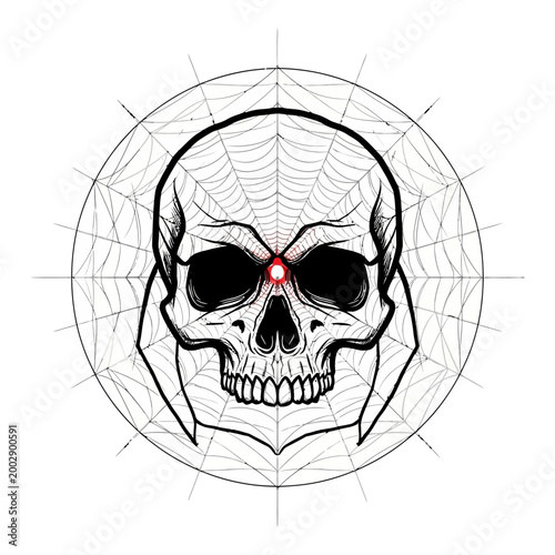 Gothic Skull with Spiderweb and Red Eye - Dark Art Illustration