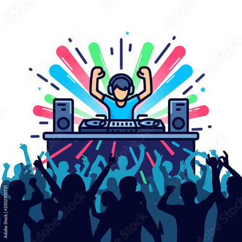 Energetic crowd enjoys music from a disc jockey at a lively event