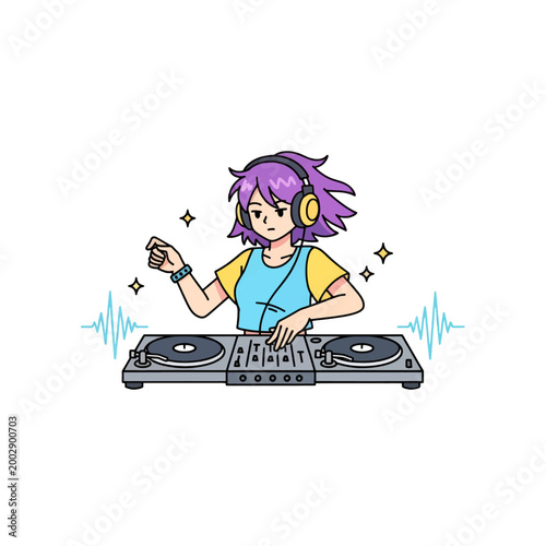 A person with purple hair wearing headphones operates a music mixer