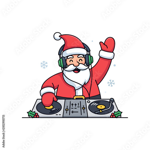 Joyful character with headphones mixing music on turntables