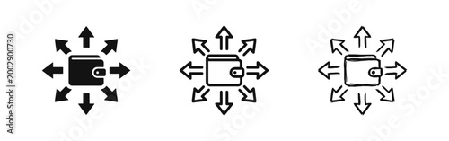Wallet with multiple arrows icons, money transfer and expense tracking symbols