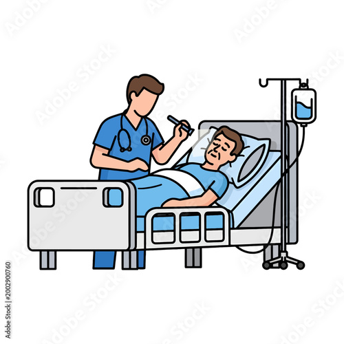 Medical professional examines patient in hospital bed with IV drip