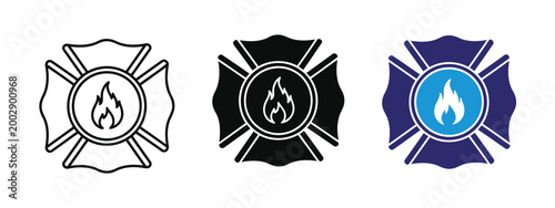 Professional fire department emblem vector graphic design featuring three distinct variations of the classic Maltese cross