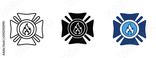 Professional vector illustration set showing stylized firefighter emblems with flame symbols for your emergency graphic design projects