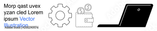 Financial technology, business systems, online transactions, e-commerce, innovation, remote work. Gear icon, wallet with coins and laptop. Financial technology and business systems concept