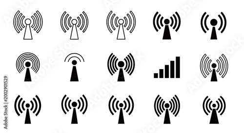 Set of monochrome wireless signal icons with antennas and transmission symbols.