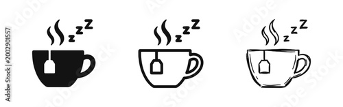 Sleepy tea cup icons set, relaxation and evening bedtime routine concepts