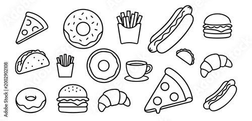 фотографія fast food icons set including pizza slices donuts burgers fries coffee cup crois