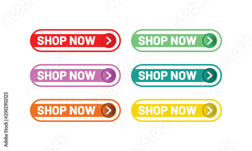 Collection of colorful shop now buttons in different styles and colors