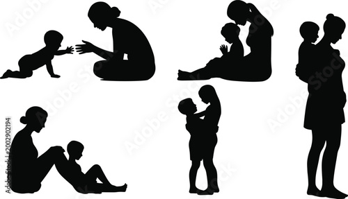 Foto Black silhouette collection of family life stages featuring mother and child bon